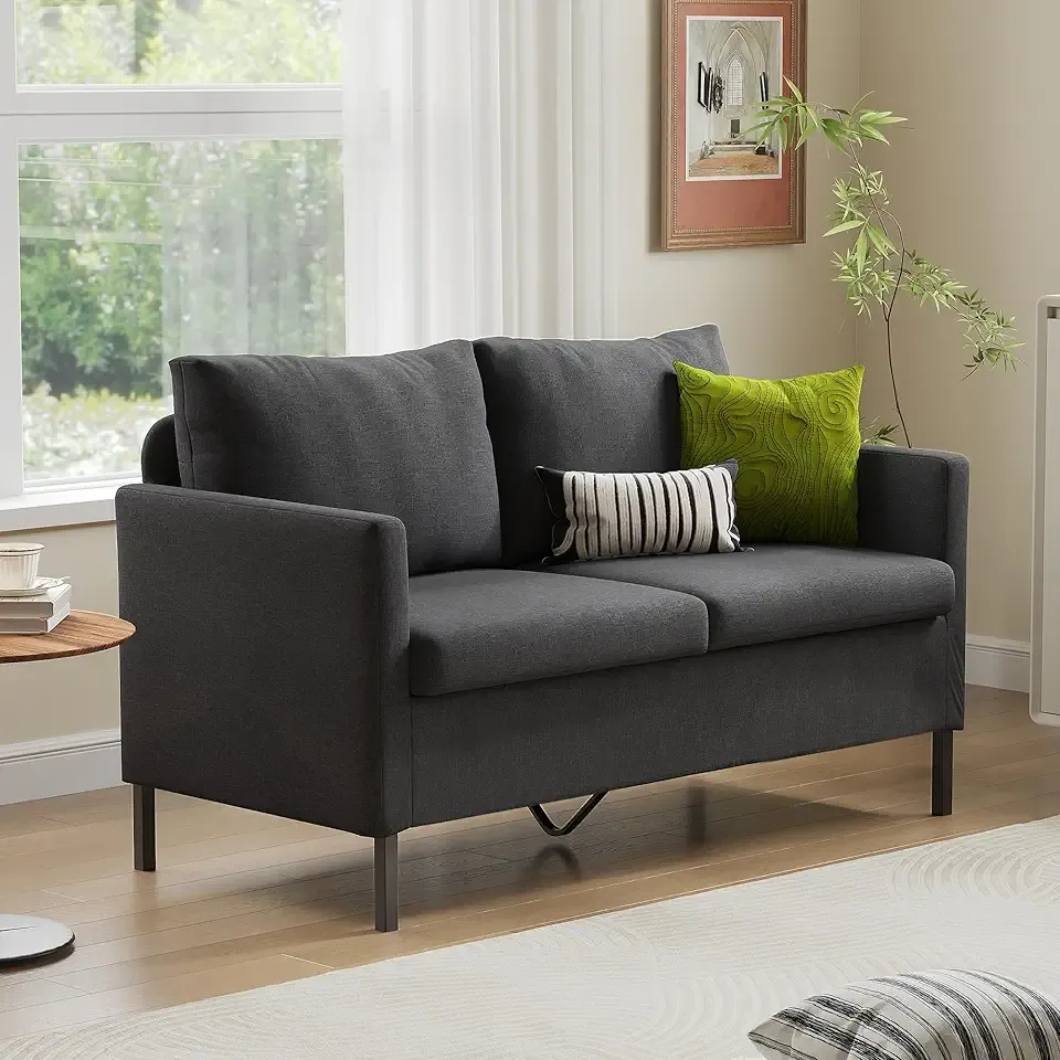 Linen Fabric Modern Small Loveseat Sofa Couch for Living Room, 51" W Little Upholstered 2-Seater Mini Love Seats w/Iron Legs for Small Space, Apartment, Bedroom, Dorm, Office (Dark Grey)