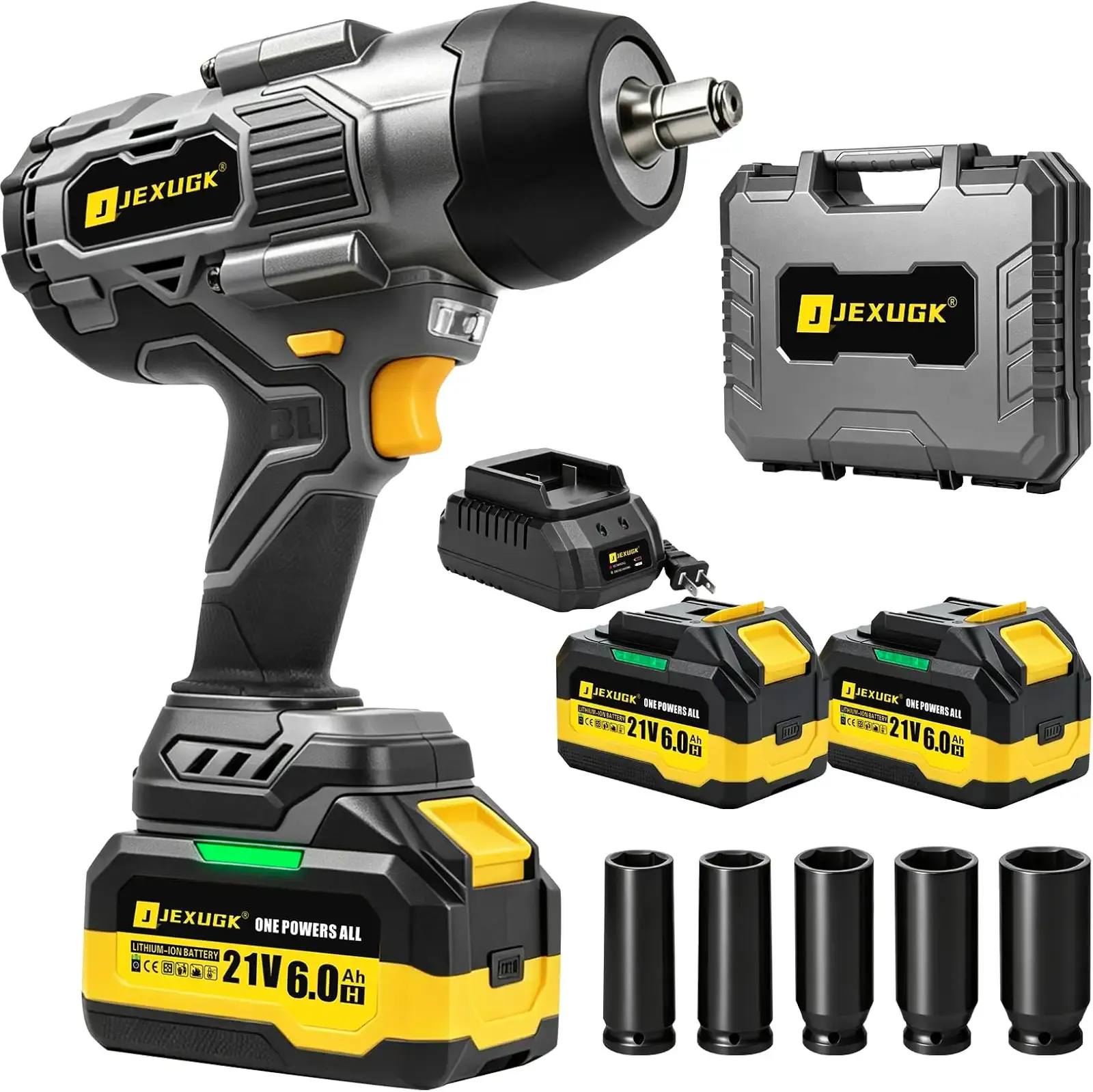 JEXUGK 2200Nm Cordless Impact Wrench, 1/2" Electric Impact Gun with 2 x 6.0Ah Batteries, 21V Brushless High Torque Impact Wrench with 5 Pneumatic Sockets, Impact Driver for Truck Tire Lug Nut Removal