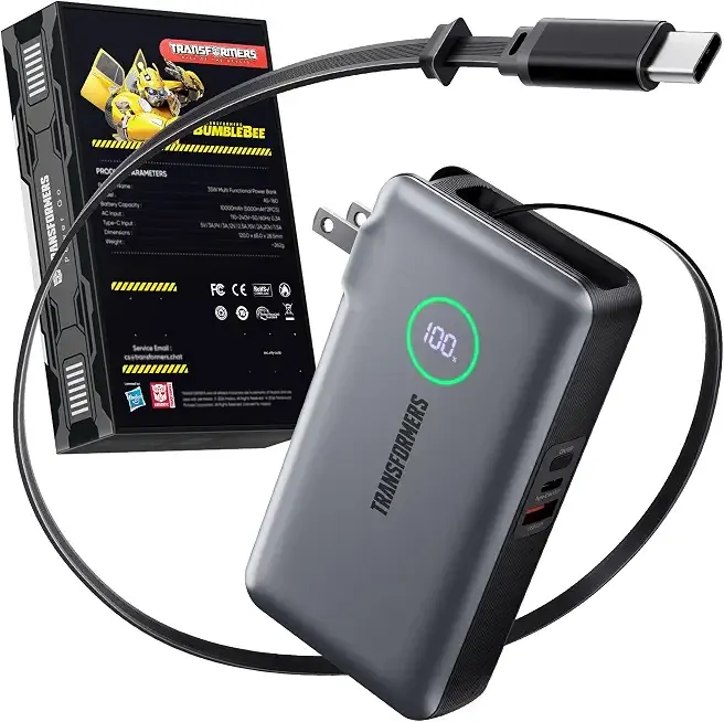 Transformers 3-in-1 Portable Charger, 35W Max 10,000mAh Travel Power Bank | Foldable Plug, 2ft Retractable USB C Cable &Type-C/A Ports, Fast Charger for iPad, iPhone 17/16/15 Series, Galaxy S26/S25