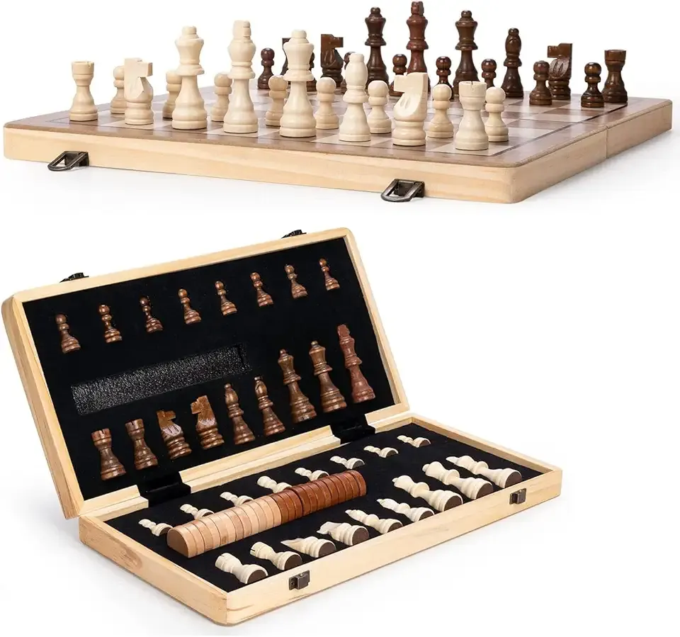 15" Wooden Chess Set | Folding Board, 2 Extra Queens | Magnetic Chess Board Set for Adults & Kids, Pieces Storage Slots Checkers Game for Kids Portable Travel Chess Game for Beginner