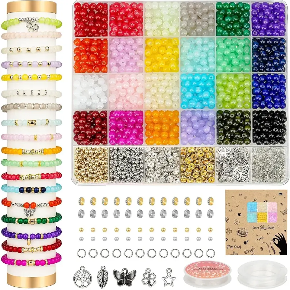 Sistenia 6mm Glass Beads Bracelet Making Kit 1400pcs, 24 Colors Crystal Beads for Jewelry Making Round Beads DIY Crafts with Spacer Beads Charms Accessories