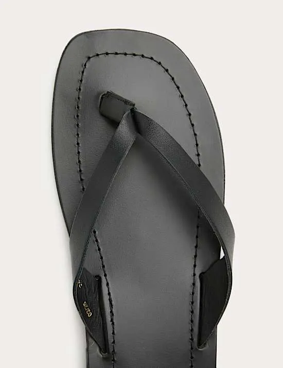 Leather Flat Square Toe Flip Flops