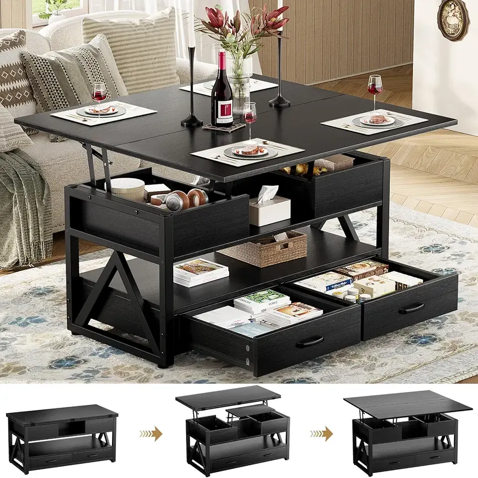 40" Lift Top Coffee Table,4 in 1 Multi-Function Lift Coffee Tables with Storage Drawers and Hidden Compartmen,Farmhouse Coffee Table with Lifting top for Living Room,Black