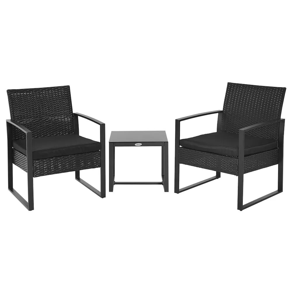 Outsunny 3 Pieces Patio Rattan Wicker Coffee Set with Black Cushions