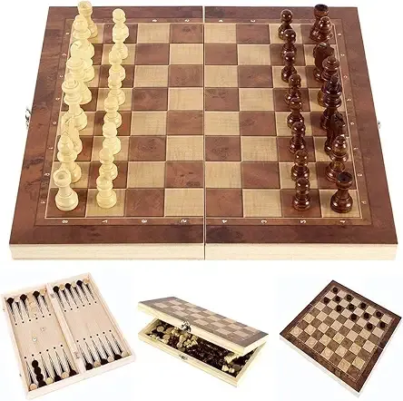 Chess Set, 3 in 1 Wooden Chess Board Game in Chess, Backgammon, Checkers