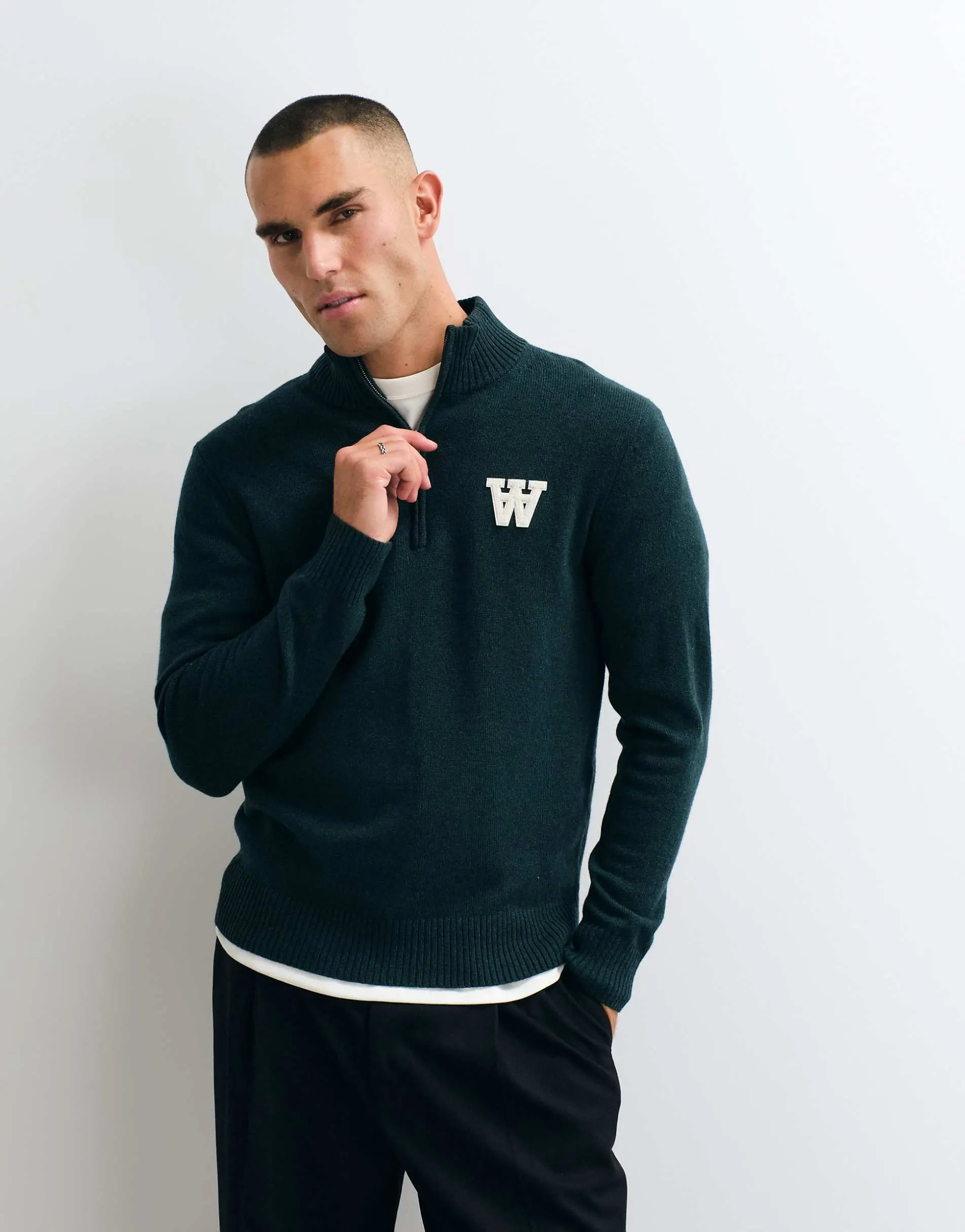 Double A By Wood Wood 100% lambswool Tay half zip jumper in dark green