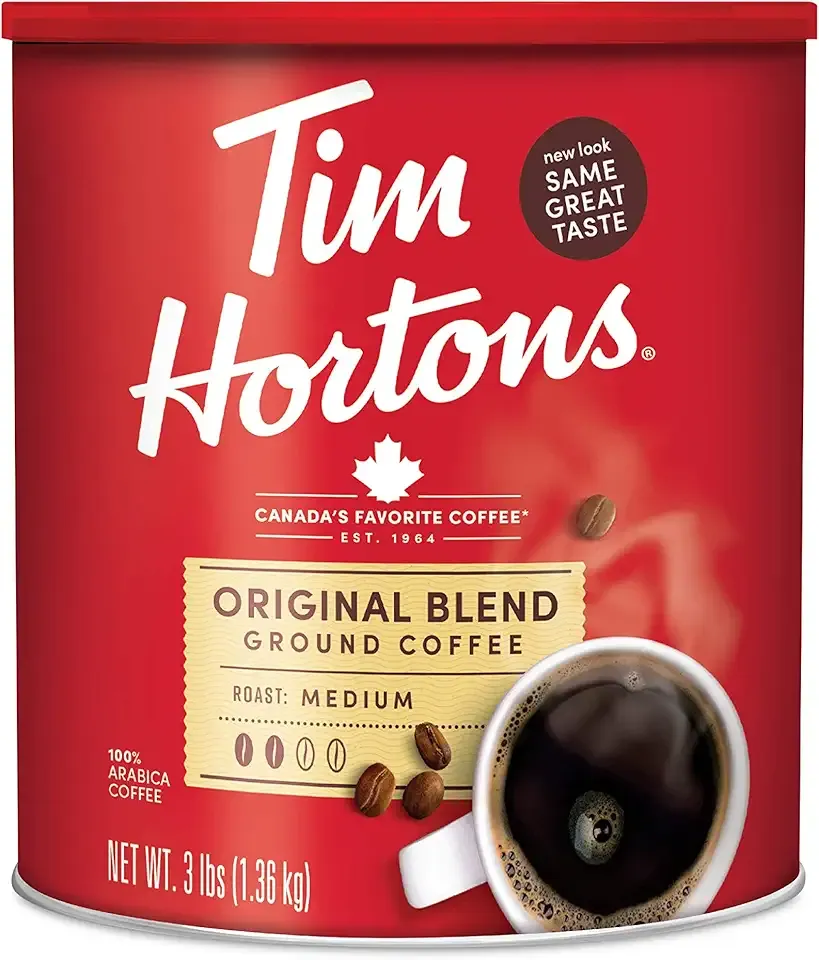 Tim Hortons Original Blend, Medium Roast Ground Coffee, Canada’s Favorite Coffee, Made with 100% Arabica Beans, 48 Ounce Canister