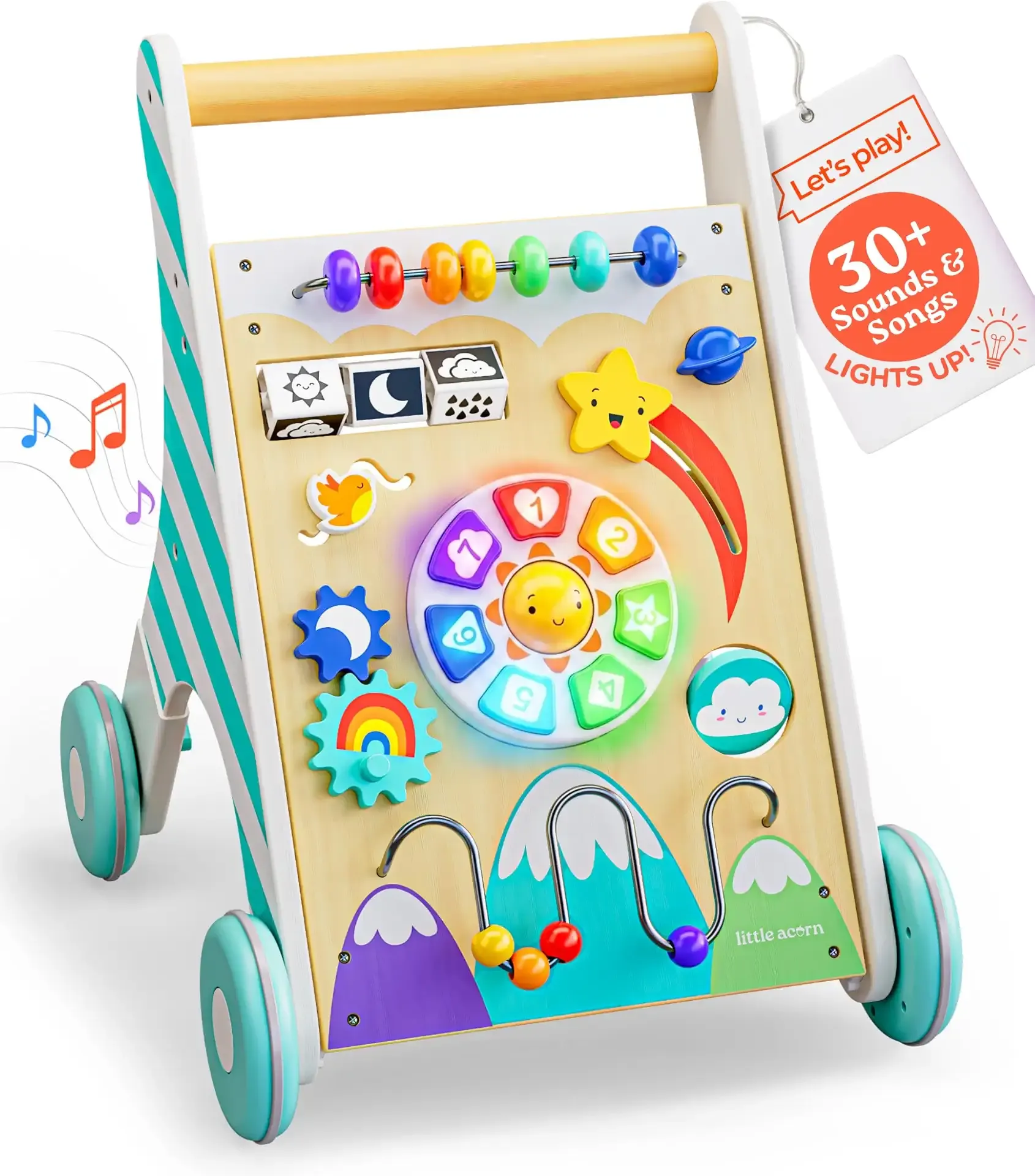 Little Acorn, Wooden Baby Walker with Music & Lights | Adjustable Speed | Sit to Stand 4-in-1 | Montessori Push Walker | Ages 6–18 Months | Gift for 1 Year Old Boys & Girls