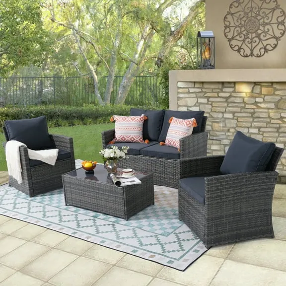 JOIVI 4 Pieces Outdoor Sectional PE Rattan Conversation Sofa Set with Gray Wicker, Dark Gray Cushion