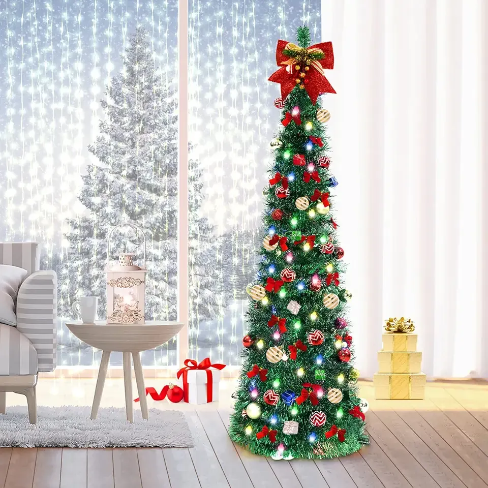 Pop Up Christmas Tree, 5FT Collapsible Christmas Tree with 30 LED Multicolor Lights, Tinsel Pencil Tree with Ball Bowknot Gift Box for Indoor, Party, Xmas, Home,Office Decor