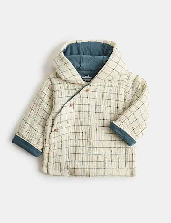 Jacke aus reiner Baumwolle mit Kapuze und Karomotiv (3,2 kg–1 Jahr)
