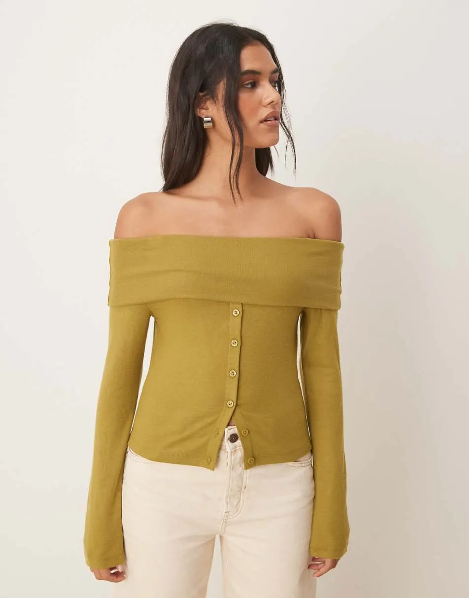 ASOS DESIGN off shoulder button down top in olive