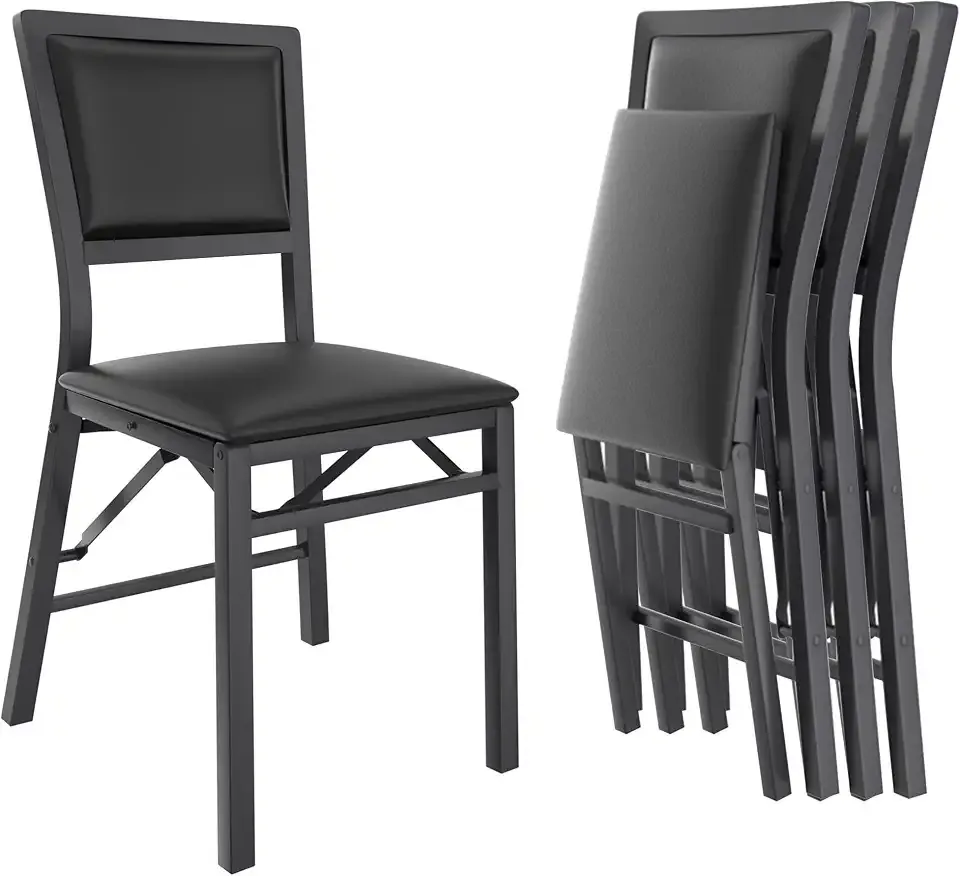 VECELO Folding Dining Chairs Set of 4, Metal Padded Foldable Seating with Comfortable Faux Leather, Space-Saving Portable Guest Seats for Kitchen & Office, No Assembly, Black