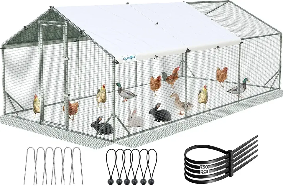 Quictent Large Metal Chicken Coop Run for 30+ Poultry with Side Hardware Cloth & Waterproof Cover, Advanced Series Outdoor Walk-in Cage Hen Duck Rabbit Dog Pen Yard Farm House, 18x9x6.6FT