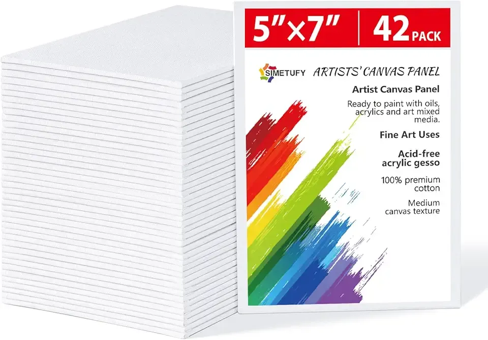 Simetufy 42 Pack 5x7 Inch Small Canvas Boards for Painting, 8oz Pre-Primed Flat Canvas Panels, Acid-Free 100% Cotton for Acrylics Oil Watercolor Paints