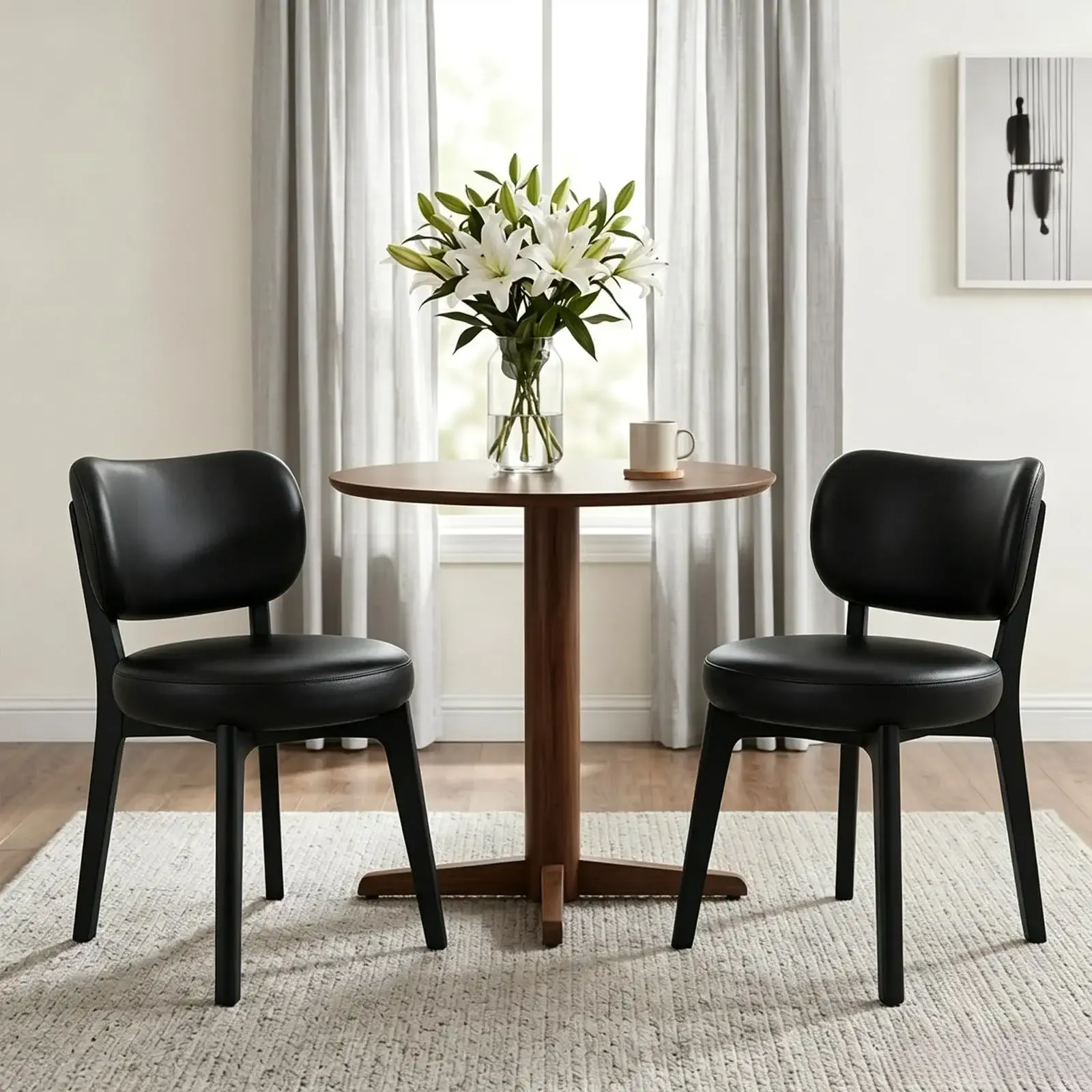 Dining Chairs Set of 2, Upholstered Kitchen Chairs Wooden, Black | Faux Leather Dining Room Chairs with Ergonomic Curved Backrest Modern Chairs for Dining Room, Living Room