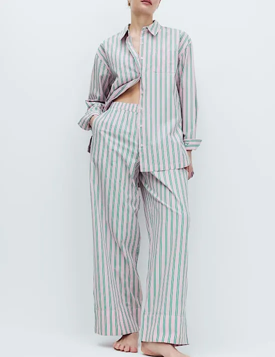 Poplin Striped Wide Leg Pyjama Bottoms