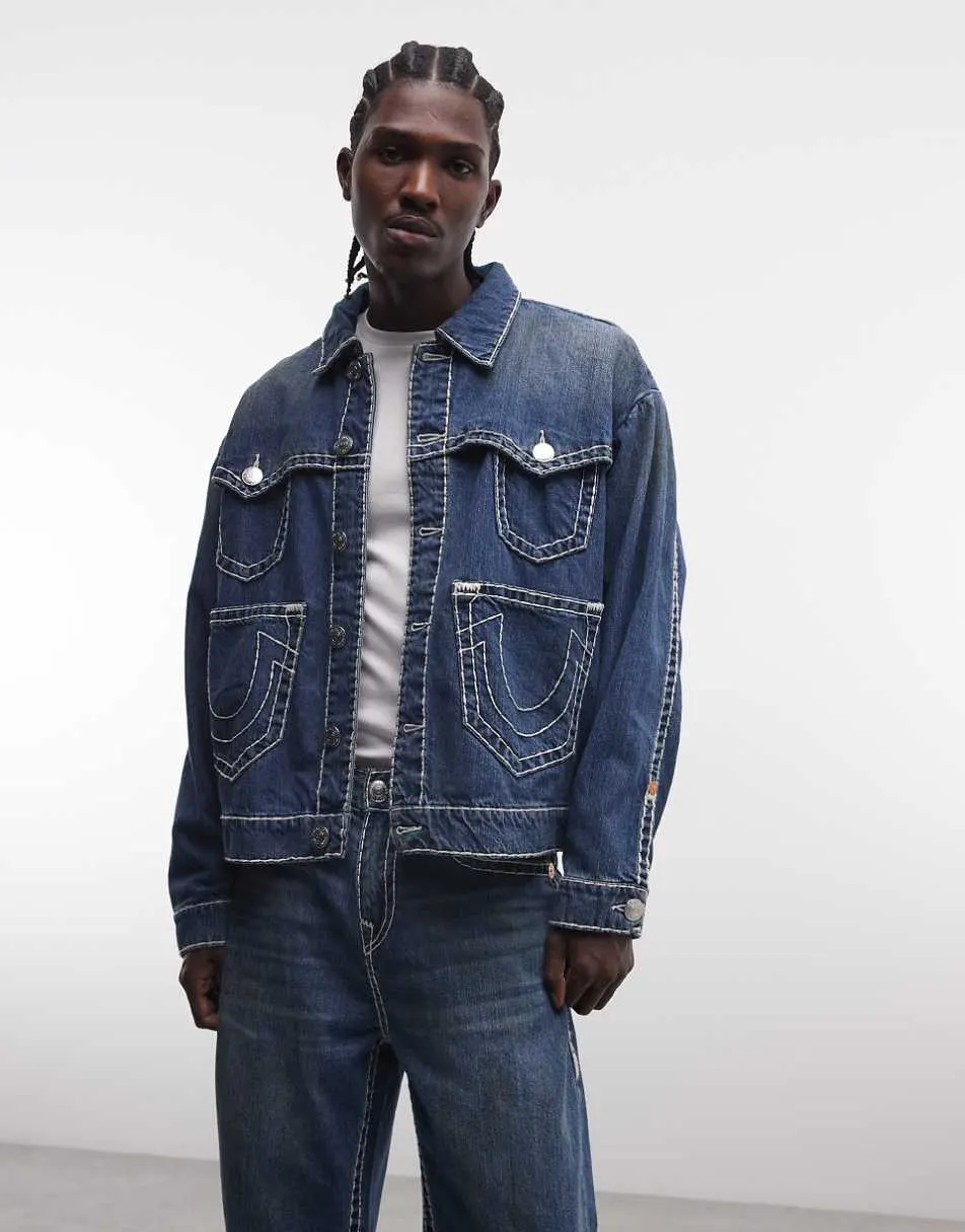 True Religion super T drop shoulder multi pocket co-ord denim jacket in mid wash blue