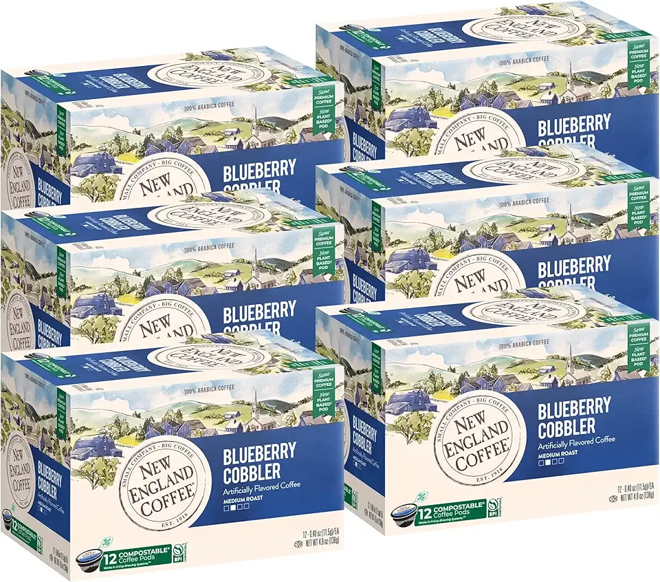 New England Coffee Blueberry Cobbler Medium Roast Single Serve Pods, 12ct Box (Pack of 6)