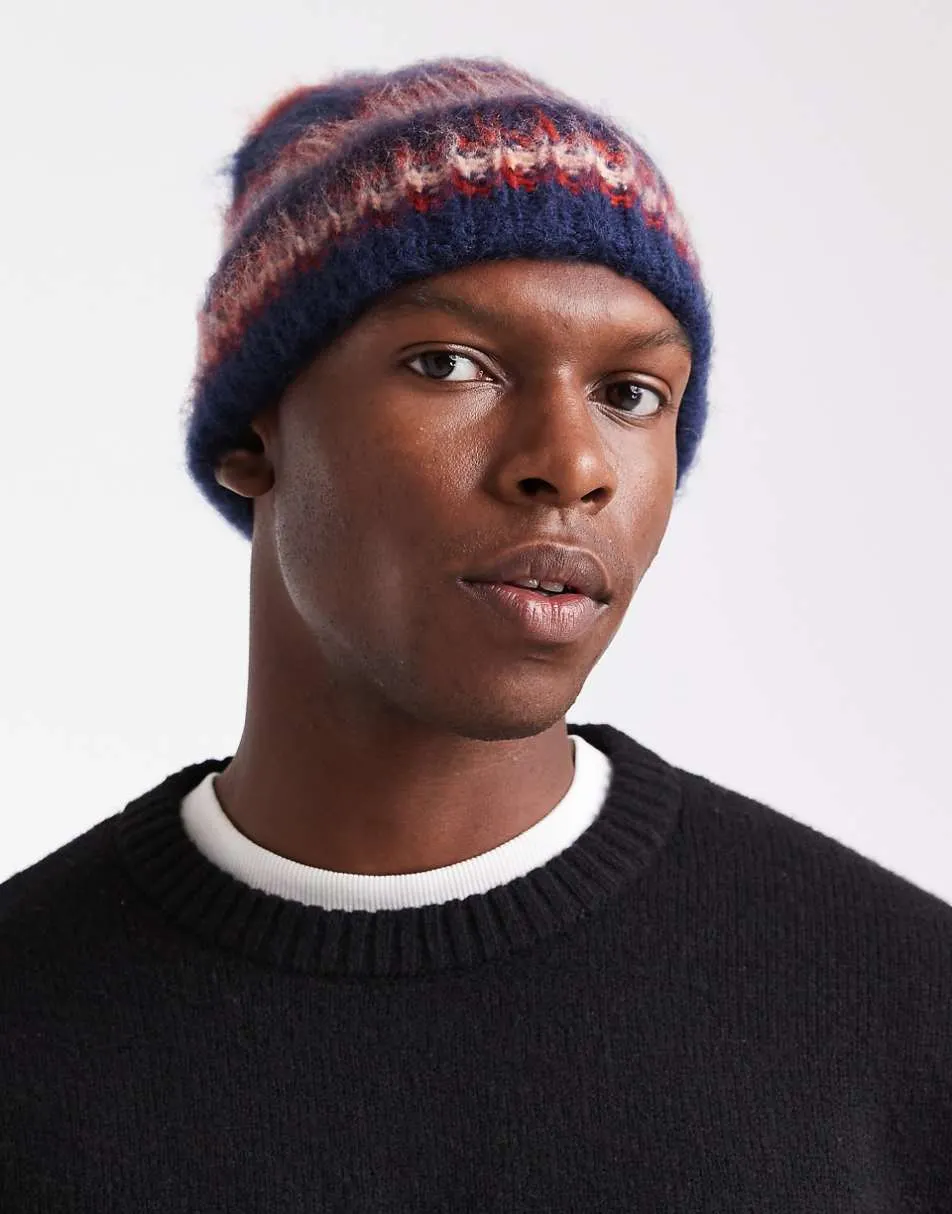 ASOS DESIGN knitted stripe beanie in navy and red