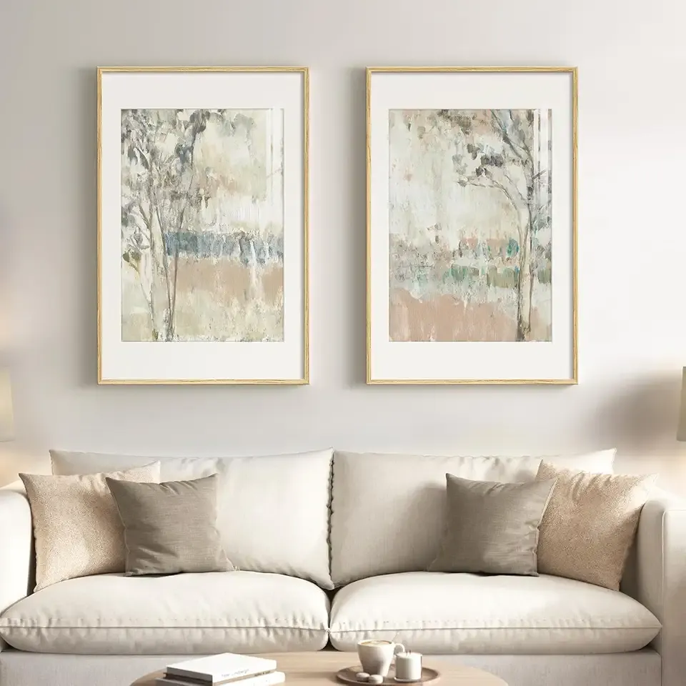 Framed Neutral Abstract Landscape Wall Art for Bedroom, Set of 2 Tree Canvas Large Artwork for Living Room Walls, Modern Nature Scenic Paintings Prints for Office Hallway Home Wall Decor, 20x30 Inch