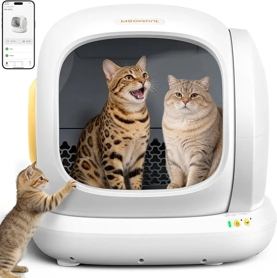 MeoWant Self-Cleaning Cat Litter Box, 75L Extra Large Open Automatic Cat Litter Box for Multi Cats, Integrated Safety Protection/APP Control/Odor Removal Smart Box with Mat & Liner