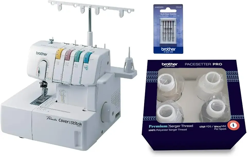 Brother 2340CV Coverstitch Serger, Sturdy Metal Frame, 1,100 Stitches Per Minute, Premium Serger Thread Assortment and Sewing Machine Needles 5-Pack