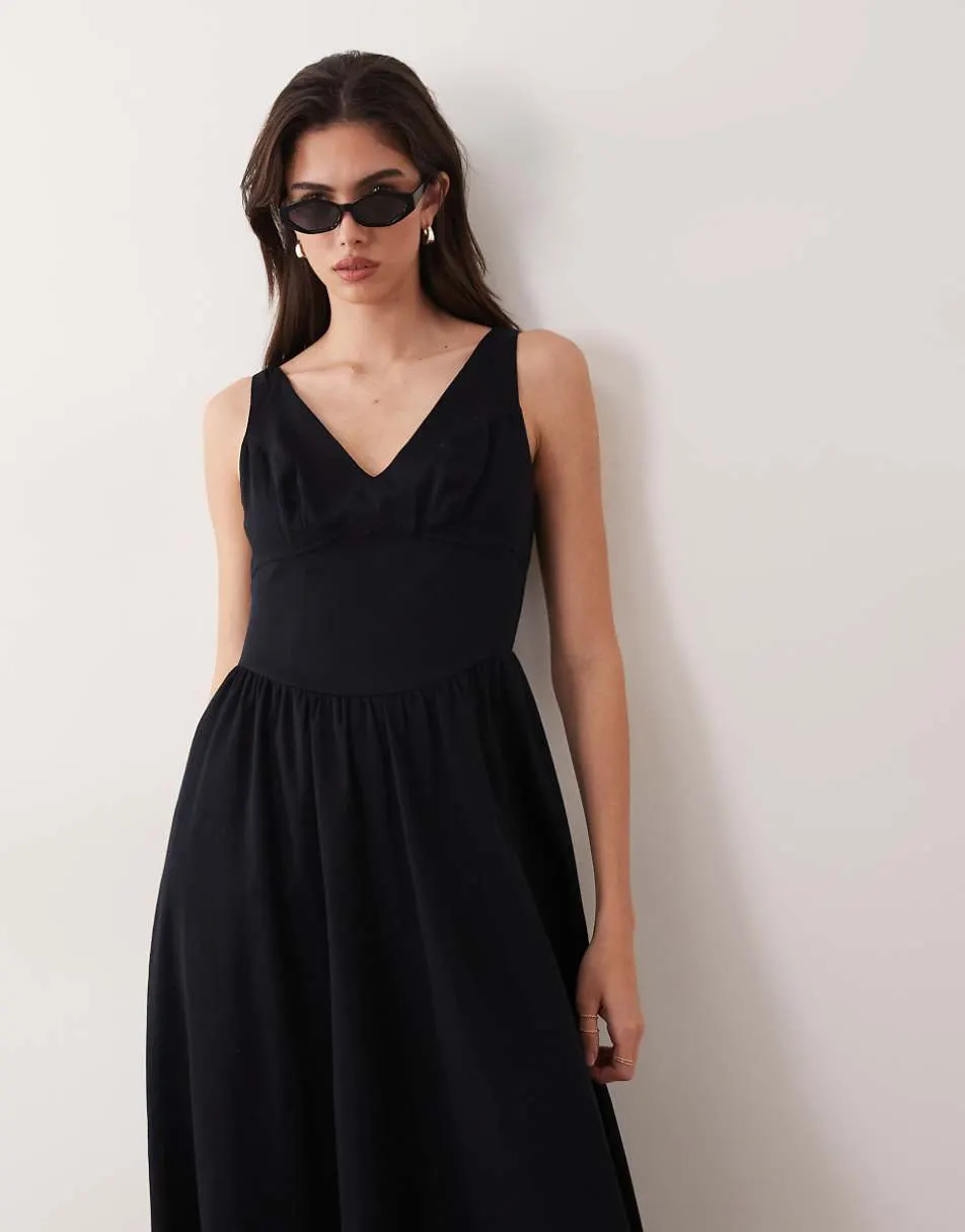 ASOS DESIGN waisted v neck maxi dress with seaming details in black