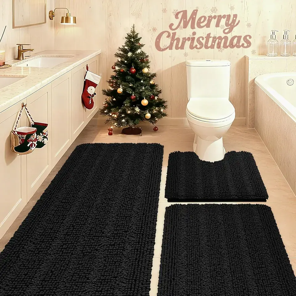 ACCUMTEK Striped Black Bathroom Rug Set 3 Pieces Ultra Soft, Non Slip Chenille Toilet Mat, Absorbent Plush Shaggy Bath Mats for Bathroom, Bedroom, Kitchen