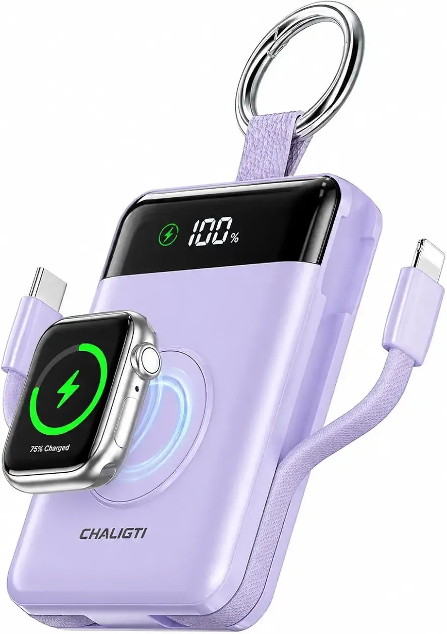 5000mAh Portable Charger w/Display,20W Power Bank&iWatch Charger | Super Fast Charging,Built-in Cables,Travel Keychain Battery Pack for Apple Watch Series,iPhone17/16/15/14/13/12,Purple