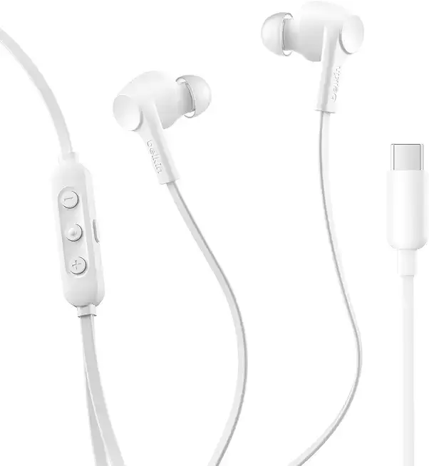 SoundForm Active Noise Cancelling Earbuds Wired with USB C Connector, IPX5-Rated, in-Ear Earphones w/Microphone for iPhone 17/16/15, iPad mini, Galaxy S25, Google Pixel 10, & More - White