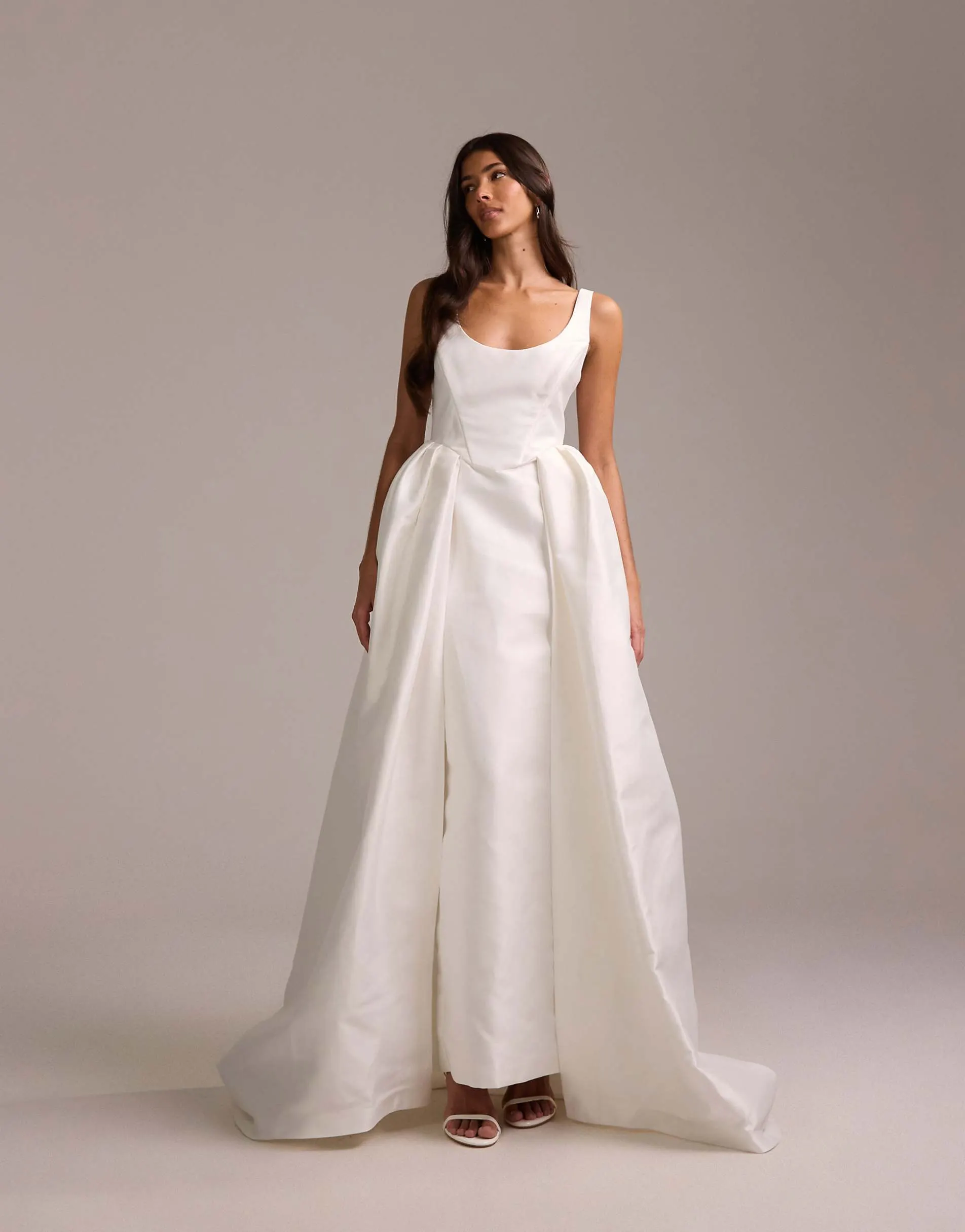 ASOS DESIGN structured super scoop neck pencil maxi dress with full overskirt in white