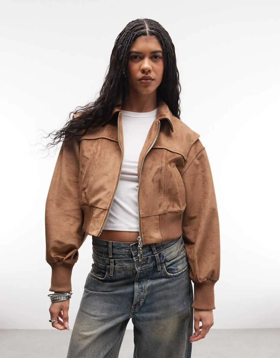 Liquor N Poker boxy faux suede bomber jacket in tan