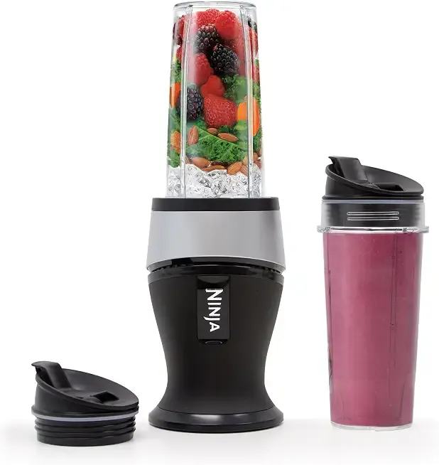 Fit Compact Personal Blender, 700W, (2) 16oz Cups, QB3001SS | 700-watt base blends smoothies, shakes & frozen drinks. (2) 16-oz to-go cups w/ spout lids. Dishwasher safe.