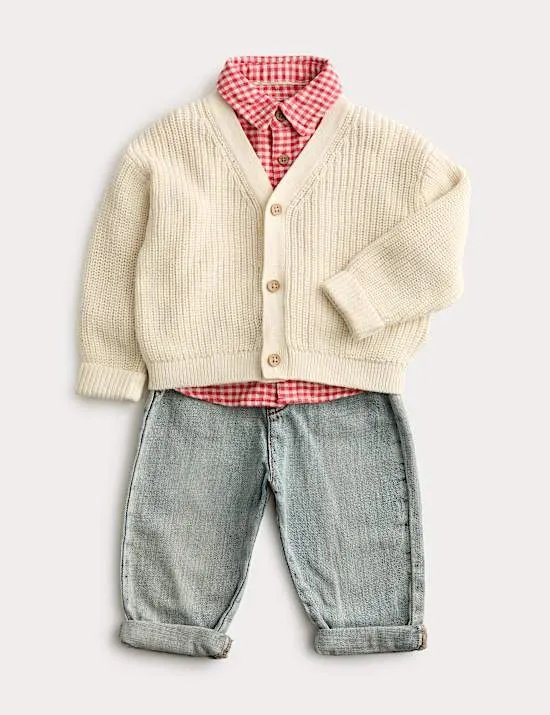 3-tlg. Outfit bestehend aus Cardigan, Karohemd und Jeans (0–3 Jahre)