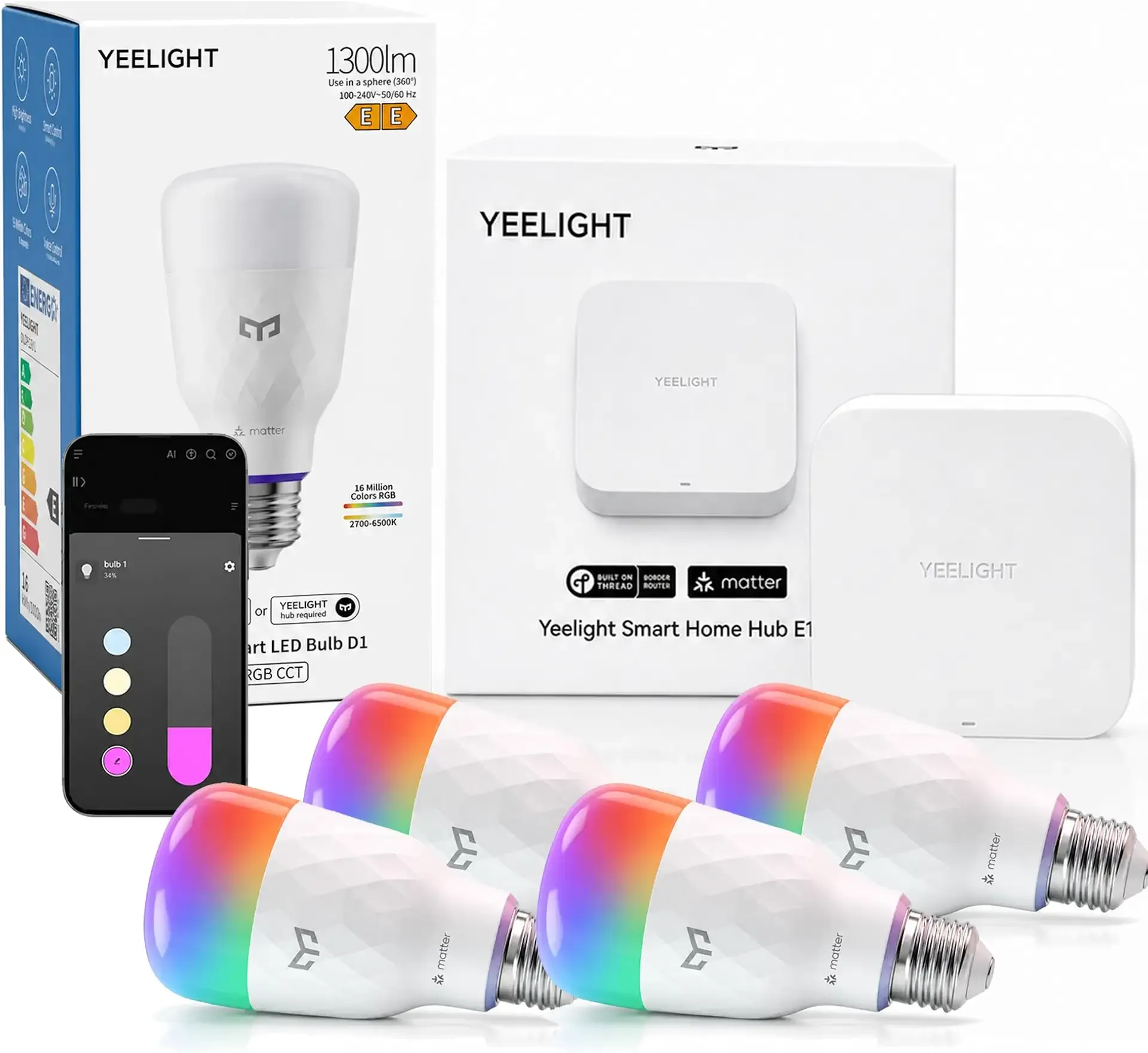 YEELIGHT Smart Light Bulbs, 4 Packs with 1 Hub, 1300LM RGB LED Light Bulb, 11W (100W Equivalent), 2700K-6500K, A19 E26 Bulb, Matter over Thread, Works with Alexa, Google Home, Apple Home & SmartThings