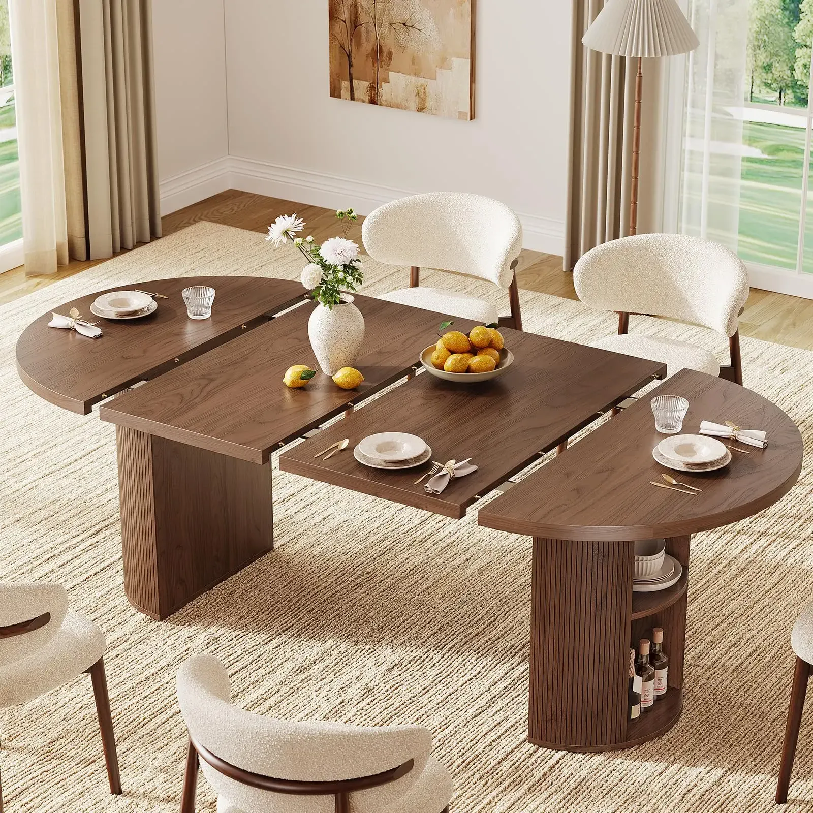 ONBRILL 41-78 Inch Extendable Dining Table for 4-8, Fluted Expandable Kitchen Table with Storage, 2 Leaf, Mid Century Modern Oval Dinner Tables for Dining Room, Kitchen, Living Room, Walnut
