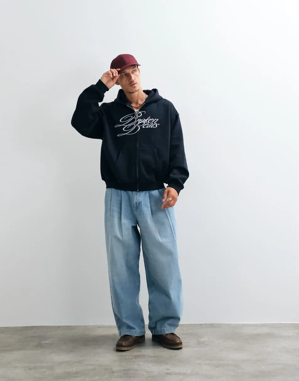 Weekday oversized zip through hoodie with broken beats embroidery in navy