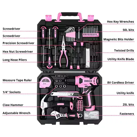 DEKO 126Pcs Power Tool Combo Kits with 8V Cordless Drill,10MM 3/8'' Keyless Chuck,Professional Home Household DIY Hand Tool Kits