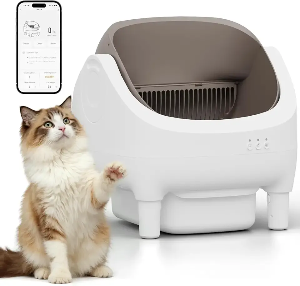 Greesum Open-Top Automatic Cat Litter Box - Self-Cleaning Function, Smart APP Operation, Effortless Odor Reduction, 15L Spacious Waste Bin, Comes with Trash Bags & Mat(Brown)