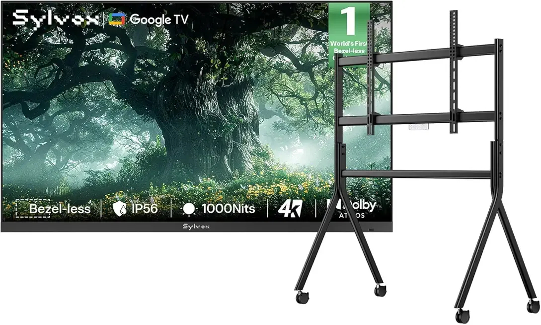 SYLVOX 75 inch Outdoor TV with Rolling Stand, Ultra-Narrow Bezel, 4K Smart TV, 1000 nits, IP56 Waterproof, Dual Speakers, All-Weather Metal Chassis for Patio, Deck, Backyard (Frameless Series)