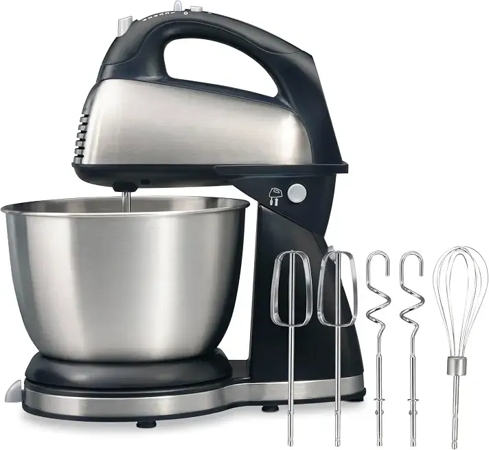 Hamilton Beach Classic Stand and Hand Mixer, 4 Quarts, 6 Speeds with QuickBurst, Bowl Rest, 290 Watts Peak Power, Black and Stainless | 2-in-1 Versatility | QuickBurst For Added Power | 290 Watts Peak Power | Built-In Bowl Rest | Black and Stainless Steel
