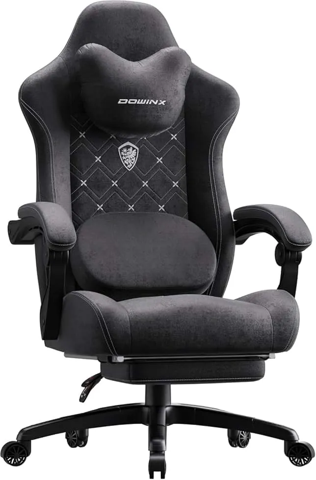 Dowinx Gaming Chair with Heated Massage Lumbar Support,Big and Tall Fabric Gaming Chairs for Adults with Footrest, Ergonomic Computer Game Chair with Poket Spring Cushions, 350lbs, Black