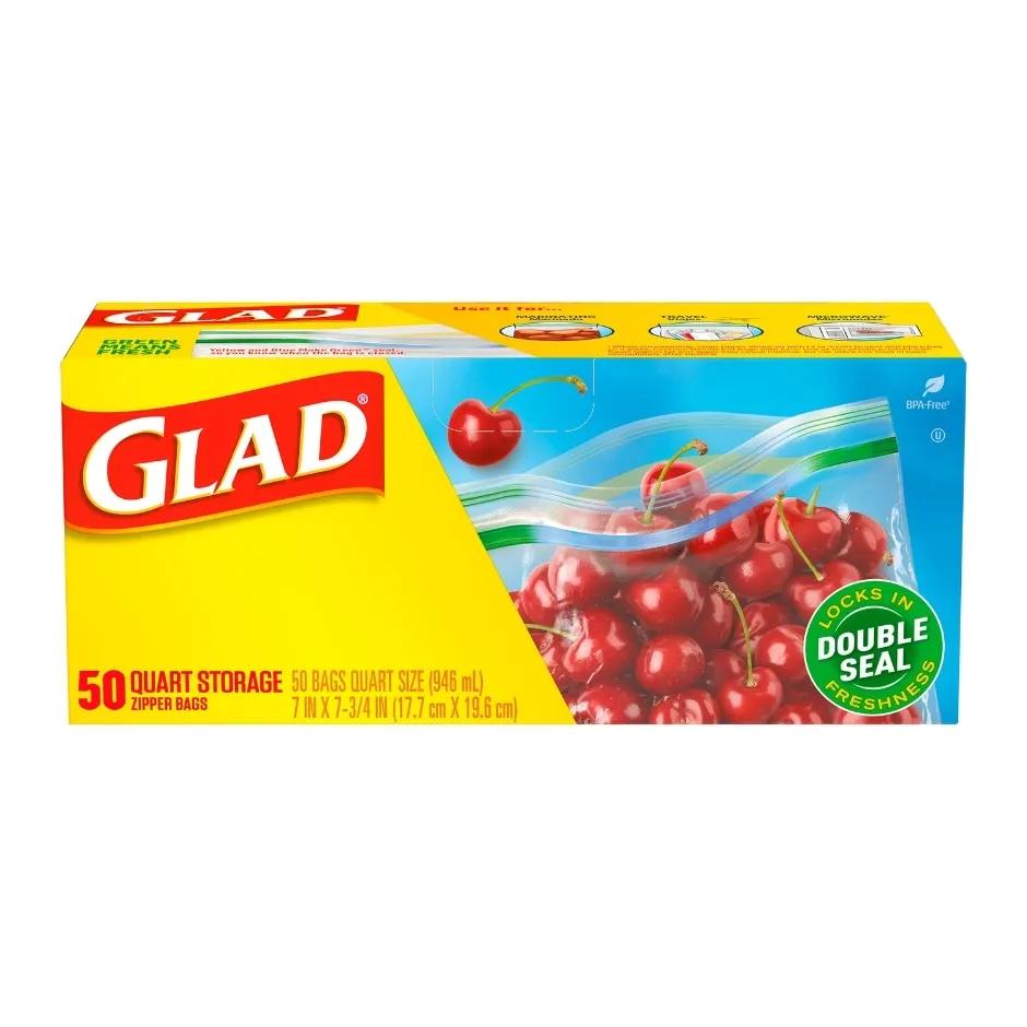 Glad Zipper Food Storage Plastic Bags, Quart, 50 Count