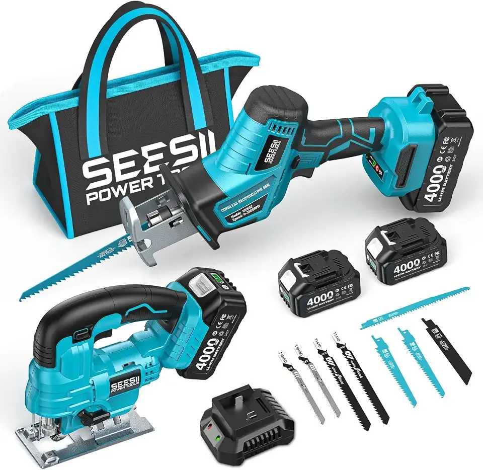2-Tool Cordless Combo Kit, Reciprocating Saw & Jig Saw with 2x4.0Ah Batteries, Brushless Motor, 0-45° Bevel Cut Jigsaw, Adjustable Speed, LED Light, Lightweight for Wood/Metal/PVC Cutting, DIY