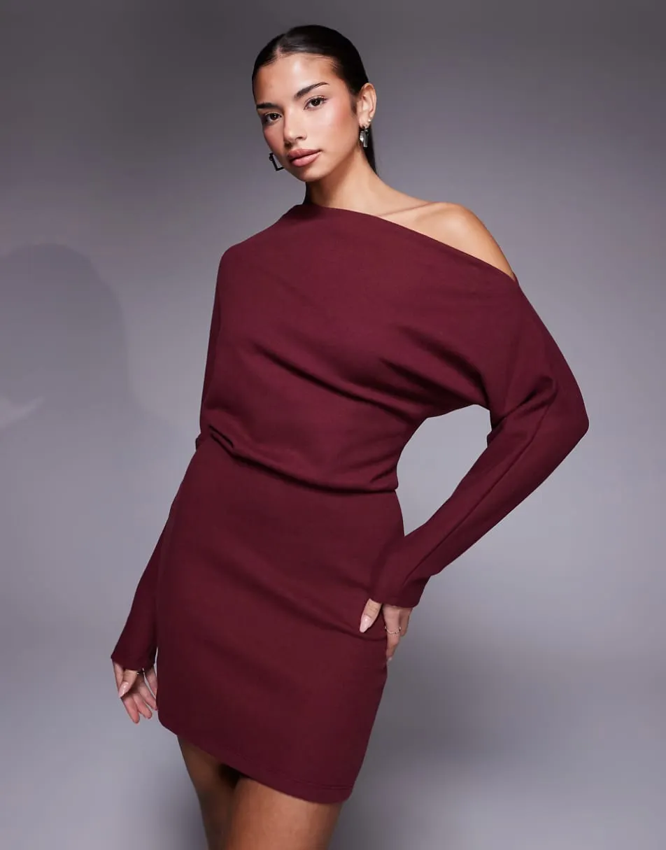 ASOS DESIGN supersoft long sleeve fallen shoulder mini dress in mulberry