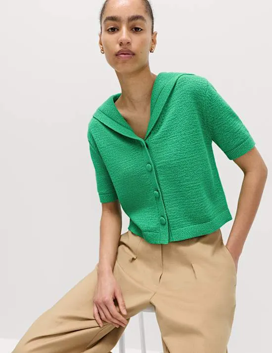 Cotton Blend Sailor Collared Cardigan