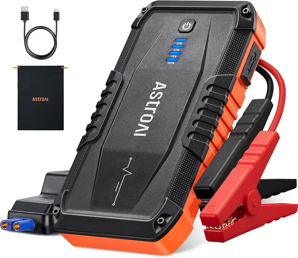 AstroAI S8 Car Battery Jump Starter, Car Jumper Starter Battery Pack for Up to 6.0L Gas & 3.0L Diesel Engines, 12V Portable Jump Box with 3 Modes Flashlight and Jumper Cable (Orange)