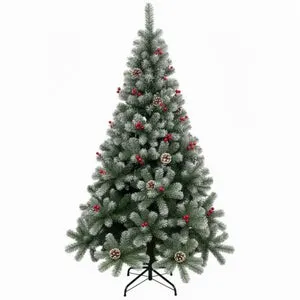 Arbol de Navidad Pino Nevado 210cm con Adorno de Piña Frutos Rojos y Nieve