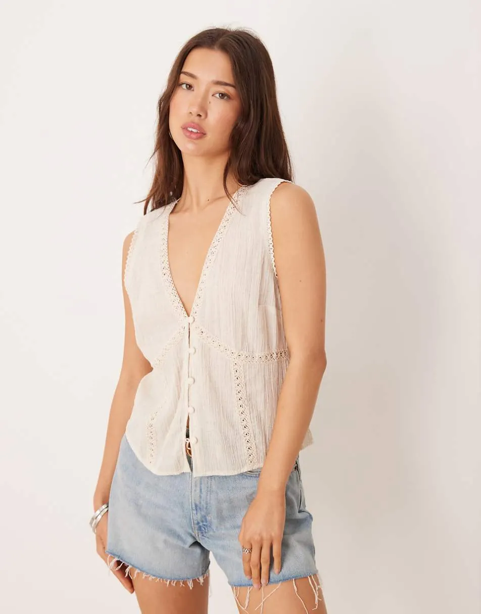 ASOS DESIGN lace trim waistcoat in cream